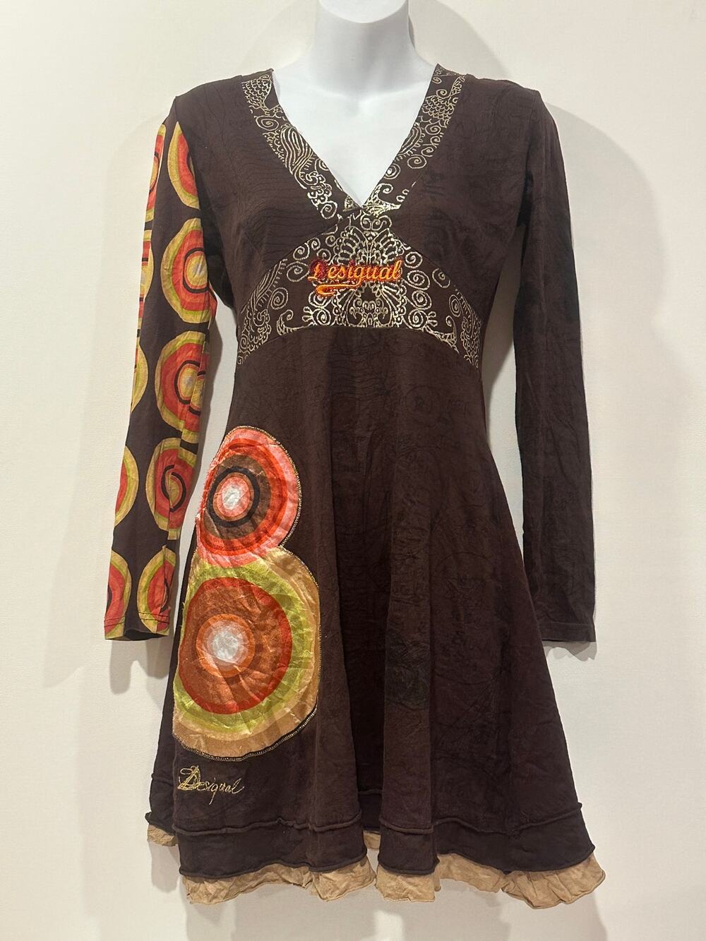 Vintage Desigual Brown Long Sleeve Abstract Circle Graphic Ruffle Mini Dress S